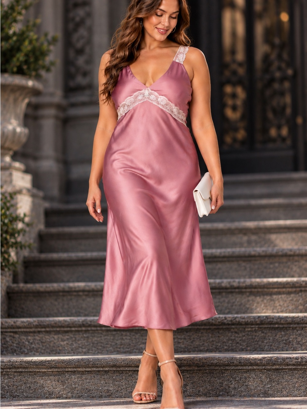 THE DROP Pink Maxi Slip Dress Mauve Satin Lace Coquette XL Plus Y2K Romantic NEW